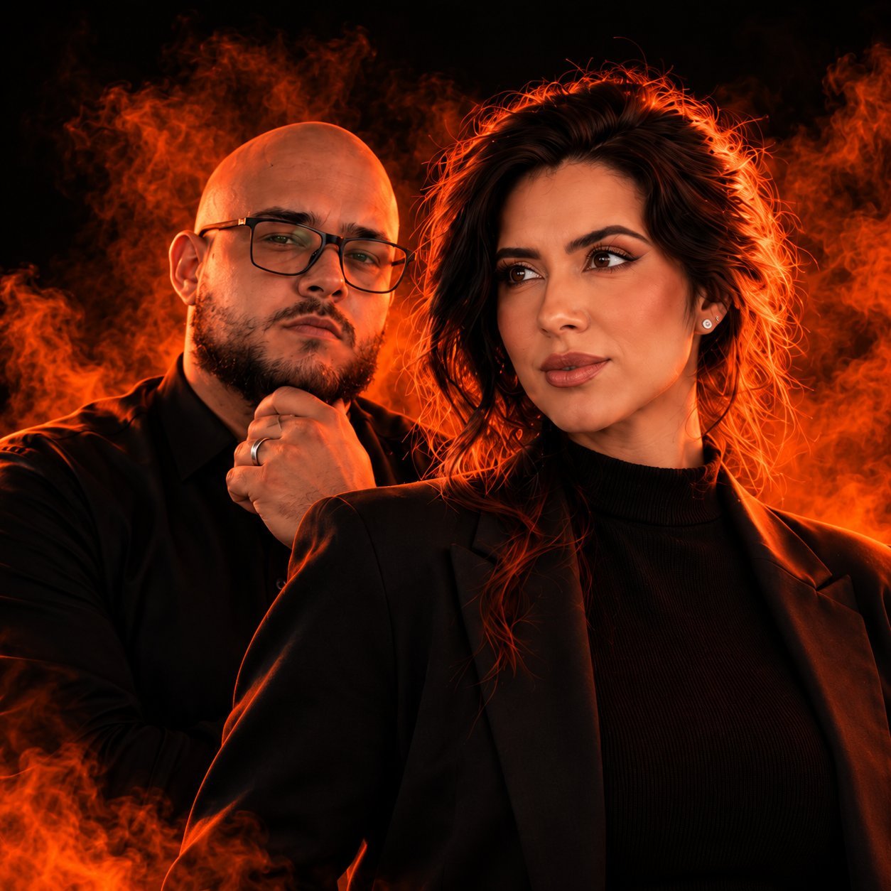 Retrato da equipe da VRA: um homem de óculos e uma mulher, ambos de preto, diante de luz e fumaça laranja.